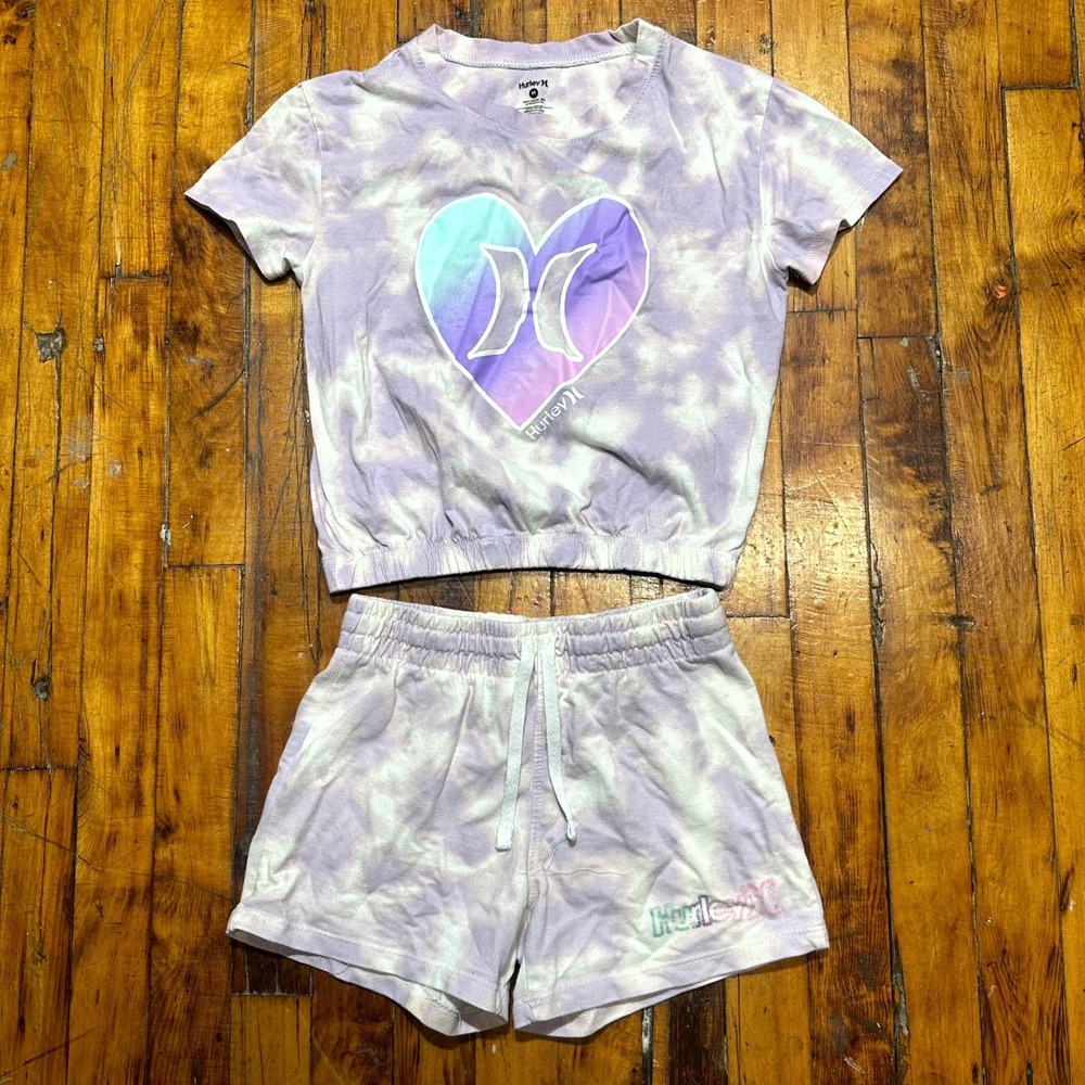 Hurley 2 Piece Set Girls' Medium Purple Tie Dye Short Sleeve Crew Neck Graphic